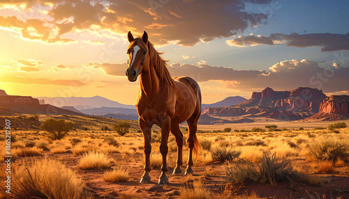 Majestic horse standing proudly in a desert landscape during sunset. It showcases the raw beauty of the wilderness and the powerful image of an animal silhouette