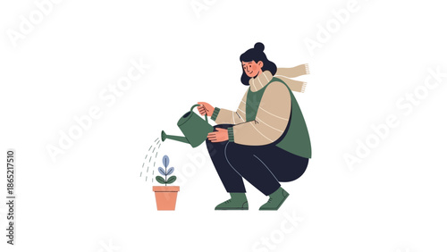 Woman watering potted plant, illustration, gardening, growth, care