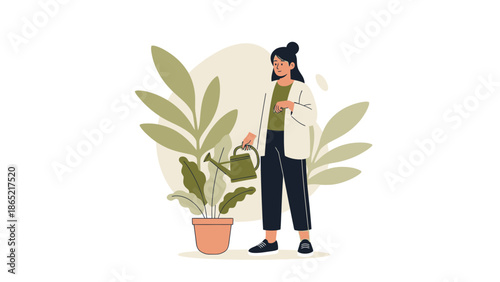 Woman watering potted plant, illustration, home gardening, lifestyle, healthy living, indoor plants