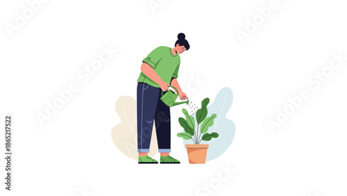Woman watering potted plant, illustration, home gardening, healthy lifestyle