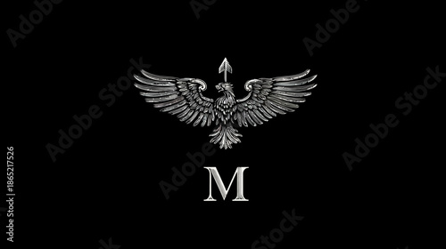 Elegant silver metallic eagle emblem with arrow and decorative capital letter M on a stark black background