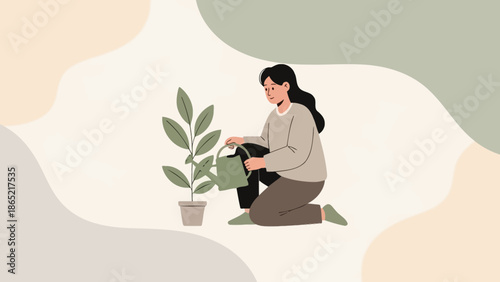 Woman watering potted plant, illustration, home gardening, mindful hobby, self care concept