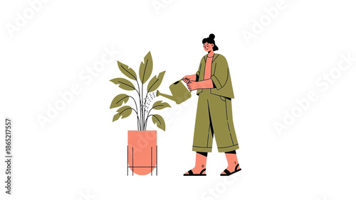 Woman watering potted plant, illustration, home gardening, nature, healthy lifestyle