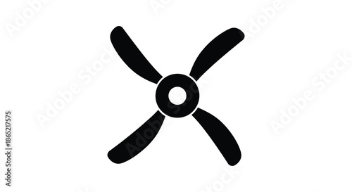 A striking black and white depiction of a four bladed propeller displaying a clean silhouette