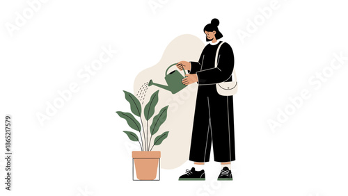 Woman watering potted plant, illustration, modern flat design, home gardening, eco lifestyle
