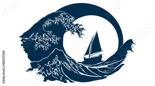 Stylized ocean wave with sailboat graphic. Nautical marine adventure illustration in vintage etching style with a moon or sun silhouette.