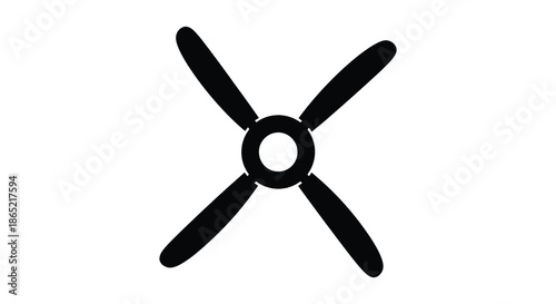 A stark black propeller design with four blades prominently displayed against a white background silhouette
