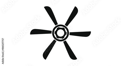 A striking black and white illustration depicting a circular fan with curved blades a bold silhouette