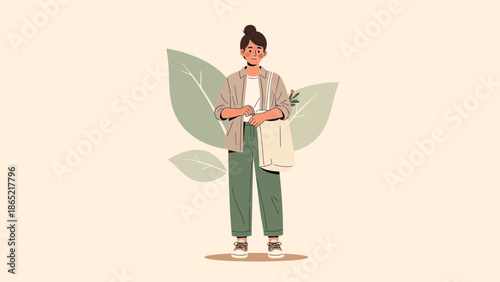 Woman with Tote Bag and Leaves, Eco-Friendly Lifestyle Illustration