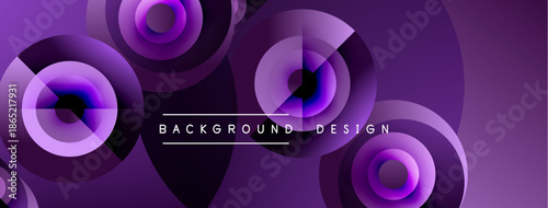 Purple abstract circles overlap, creating dynamic visual texture. Modern design elements suggest depth, movement, sophistication.