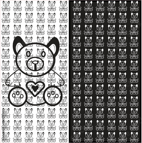A split-screen graphic featuring a repeating teddy bear pattern in high contrast. The design showcases black and white line art bears holding hearts, perfect for nursery textiles, baby shower statione
