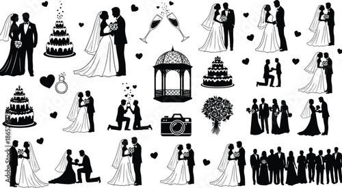 Wedding Silhouette Clipart Collection Featuring Bride and Groom Couples, Proposal Scenes, Cakes, Rings, Hearts and Romantic Marriage Ceremony Icons