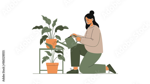 Woman watering potted houseplants, illustration, home gardening, hobby, lifestyle