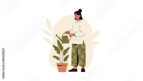 Woman watering potted plant with watering can, illustration of home gardening and plant care.