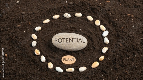 A smooth stone with the word POTENTIAL at the center of a circle of small seeds on dark soil, symbolizing new beginnings and future growth.