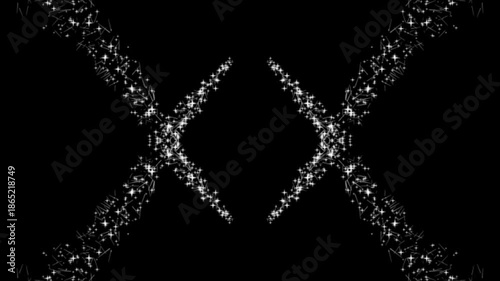 Animated glowing white stars create a symmetrical mirrored pattern on black background, showing abstract cosmic motion and futuristic visual energy