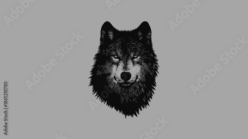 Intense Black and White Wolf Head Illustration on Grey Background. Powerful Wild Animal Portrait, Predator Wildlife Artwork.