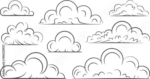 Collection of nine different cumulus clouds in monochrome line style
