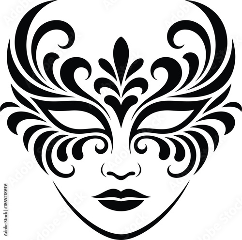 Black ornate Venetian mask with floral swirls over a face masquerade black and white