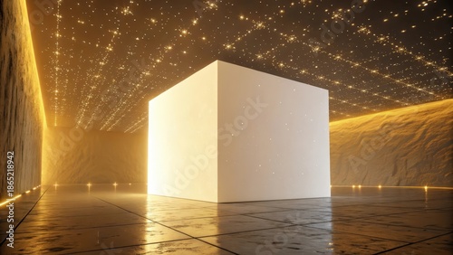A stark white cube illuminated in a vast, glowing golden void with shimmering lights above