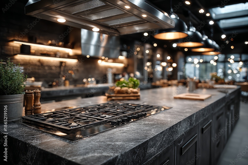 Fototapeta premium countertop with blurred home kitchen background, kitchen tabletop with copy space over blurred kitchen in background