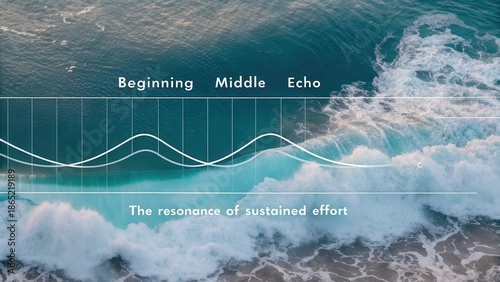 Abstract Waveform Representation of Sound Resonance Over Time, Featuring Beginning, Middle, and Echo Stages on a Blue and Teal Water Background