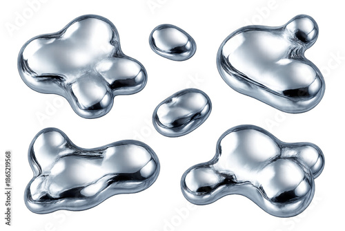 Metallic blobs of quicksilver showing a reflective surface and irregular forms, ideal for scientific and fluid dynamics concepts