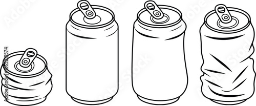 PrintFour aluminum beverage cans in varying states of deformation, illustrating packaging durability, recycling potential, and material stress for environmental and industrial design concepts.