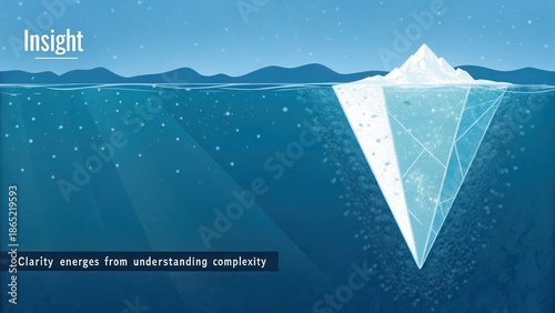 An iceberg emerges from the ocean, with its immense underwater mass illustrating deep complexity.