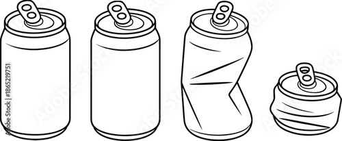 Aluminum beverage cans recycling process illustration isolated on white background, crushed and intact soda cans, environmental sustainability, waste management concept, clean line art