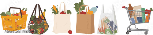 Various grocery carrying containers including plastic, cloth, mesh, paper, and metal cart showcasing sustainable and conventional shopping bag options for retail and lifestyle concepts.