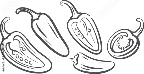 Four jalapeno peppers cut and whole in black and line chili chilipepper