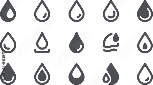 Fourteen black water droplet in various styles and outlines symbol liquid