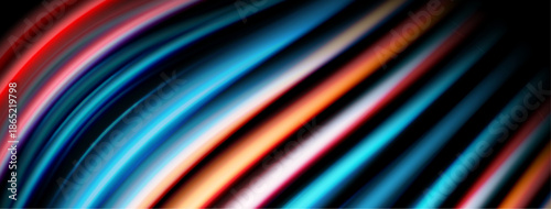 Abstract lines, vibrant colors, dynamic composition. Diagonal streaks create flowing visual effect, dark background contrasts bright hues.