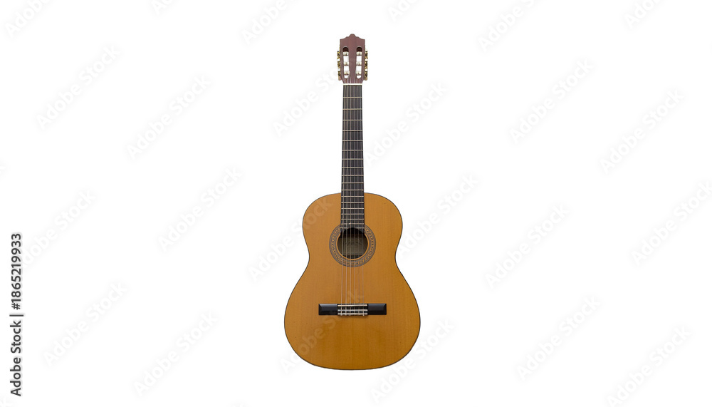 Obraz premium Acoustic guitar with strings and brown wood body stands upright in the center of the ready for compositing on white and transparent background