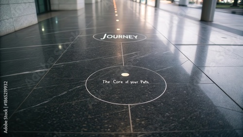 An etched circular path labeled Journey and The Core of your Path on a polished marble floor