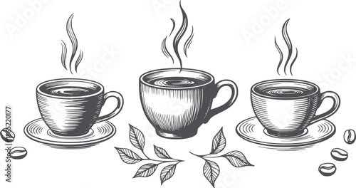 Three steaming coffee cups with saucers and coffee beans black line