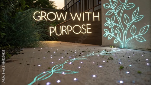 Illuminated Neon Sign 'Grow With Purpose' Shining Above Scattered Bioluminescent Particles on an Outdoor Path