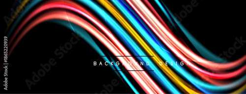 Abstract colorful waves flow across black background. Bright lines create dynamic, modern visual effect. Smooth curves suggest movement, energy.