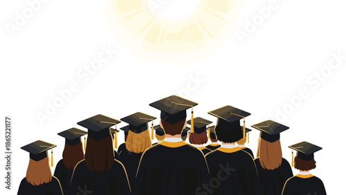 Group of graduates in black caps and gowns viewed from behind, looking towards a bright future, symbolizing success and achievement.