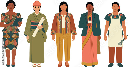 Diverse women professionals standing together in cultural clothing and uniforms representing careers like doctor chef and architect for international women's day empowerment and unity.