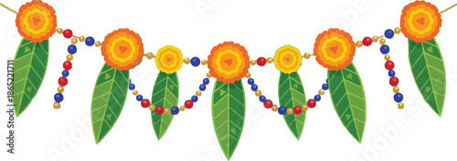 Traditional Indian festival decoration marigold flower garland with green mango leaves and colorful beads hanging for Diwali celebration and Hindu wedding ceremony cultural design.