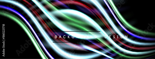 Abstract flowing lines, vibrant colors, dynamic composition. Dark background emphasizes bright streaks, modern design element.