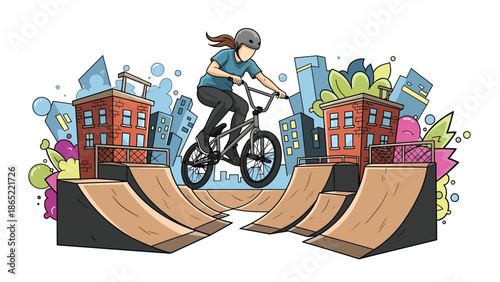 BMX rider aerial trick urban mural vector illustration with bold flat colors and graffiti city background, dynamic youth sports artwork ideal for advertising and branding