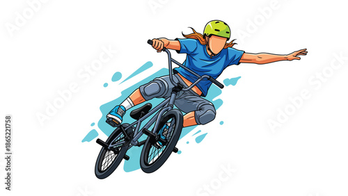 BMX rider aerial trick urban mural vector illustration with bold flat colors and graffiti city background, dynamic youth sports artwork ideal for advertising and branding