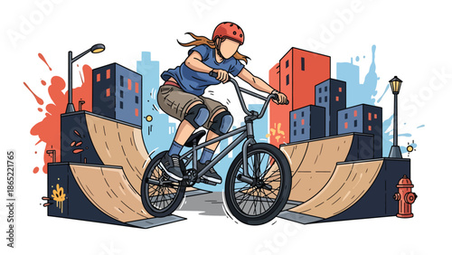 BMX rider aerial trick urban mural vector illustration with bold flat colors and graffiti city background, dynamic youth sports artwork ideal for advertising and branding