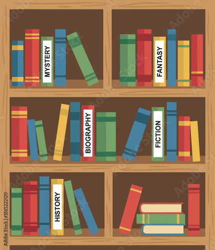 Wooden bookshelf filled with colorful books sorted by literary genres including mystery fantasy biography fiction and history for library education reading knowledge and literature study.