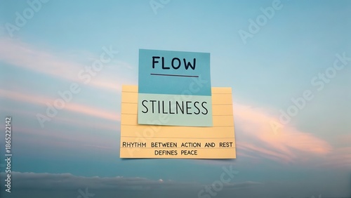 Naklejka Two parallel unbroken notes displaying 'FLOW' and 'STILLNESS' above a quote about peace against a soft atmospheric sky gradient