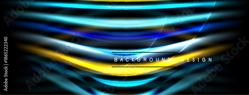 Abstract lines create dynamic, glowing effect. Blue, yellow hues dominate dark background. Modern design element.