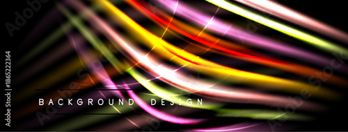 Abstract vibrant streaks, flowing lines. Dark background enhances colorful light effects. Modern design element, dynamic composition.